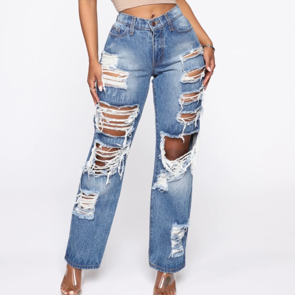 Fashion Nova Distressed Boyfriend Jeans - Medium Wash